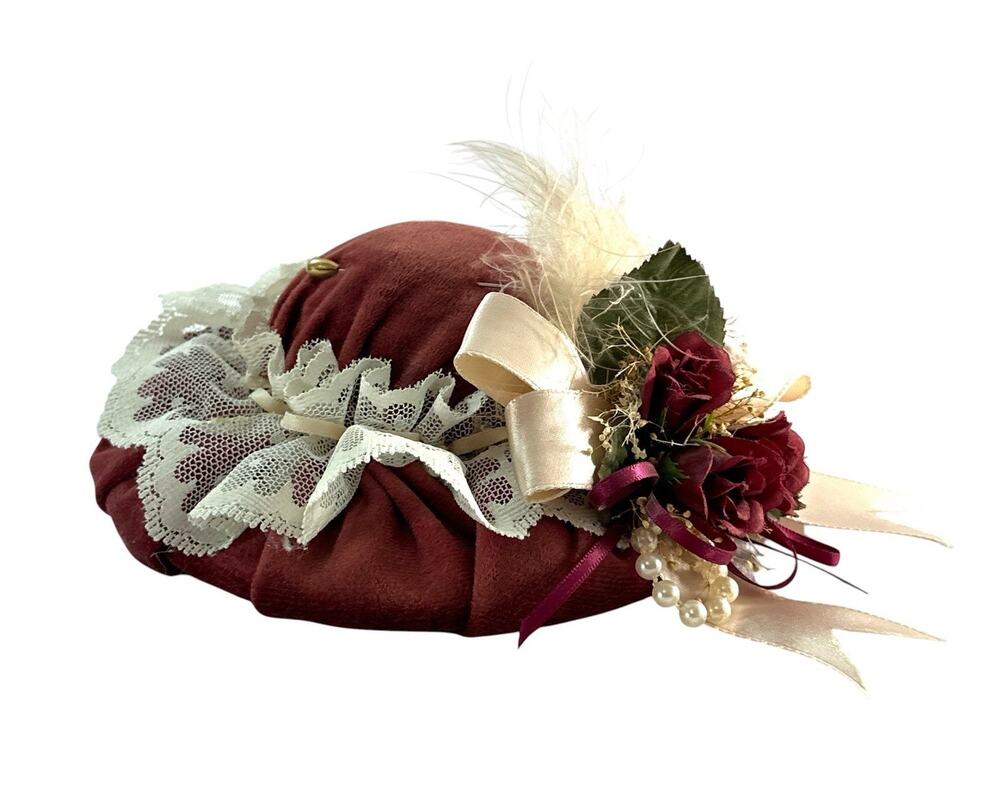 Vintage Victorian Style Hat Pincushion Burgundy Velvet Lace Roses 6” Sewing